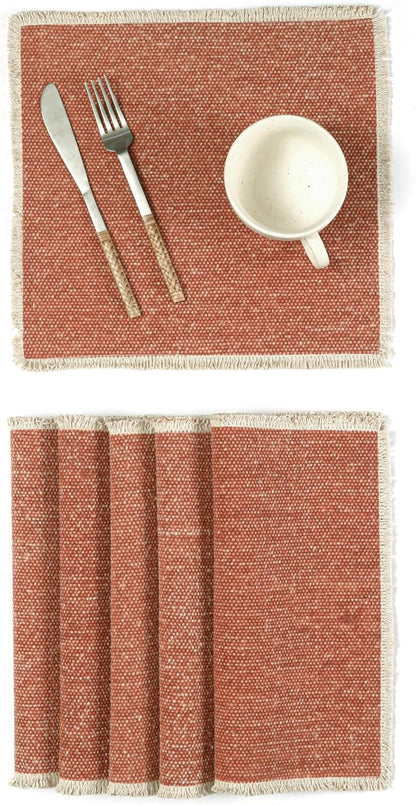Hausattire Cotton Frayed Placemats Set of 6 Dining Table 14x14 Inch | Rustic Harvest Boho Washable Easter Placemat for Outdoor Parties BBQ's Wedding, Holiday, Special Occasions, Nubby Cotton - Rust