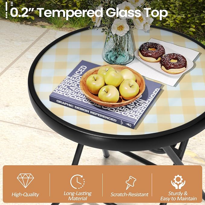 Foldable Side Table with Tempered Glass Top, 2 Pack Yellow | 18" Small Patio Side Tables Outdoor for Porch Yard Balcony Deck Lawn Garden