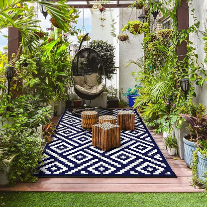 GENIMO Outdoor Rug, Waterproof Plastic Rugs for Patio, 4'x6' Blue White | Outside Larger Modern Carpet Mat for Porch Decor, Deck, Balcony, Camping, RV, Backyard, Picnic, Beach, Reversible, Foldable