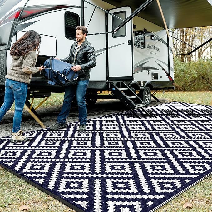 GENIMO Outdoor Rug, Waterproof Plastic Rugs 9'x18' for Camping Blue White | Outside Larger Modern Carpet Mat for Patio Decor, RV, Porch, Camper, Deck, Picnic, Beach, Backyard, Reversible, Foldable