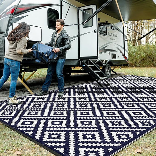 GENIMO Outdoor Rug, Waterproof Plastic Rugs 9'x18' for Camping Blue White | Outside Larger Modern Carpet Mat for Patio Decor, RV, Porch, Camper, Deck, Picnic, Beach, Backyard, Reversible, Foldable
