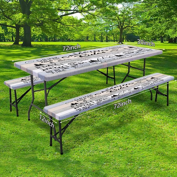 JAWO Picnic Table Cover with Bench Covers, Camping Rules Camper RV Essentials Gear Supplies Outdoor Waterproof Windproof Tablecloth with Elastic, 72in