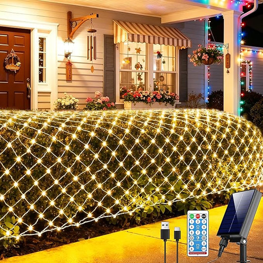 Pooqla Solar Net Lights, 11.5x5ft 240LED Christmas Net Lights Outdoor with 8 Modes, Solar & USB Powered Waterproof Green Wire Net Mesh String Lights for Bush Backyard Patio Decor, Warm White