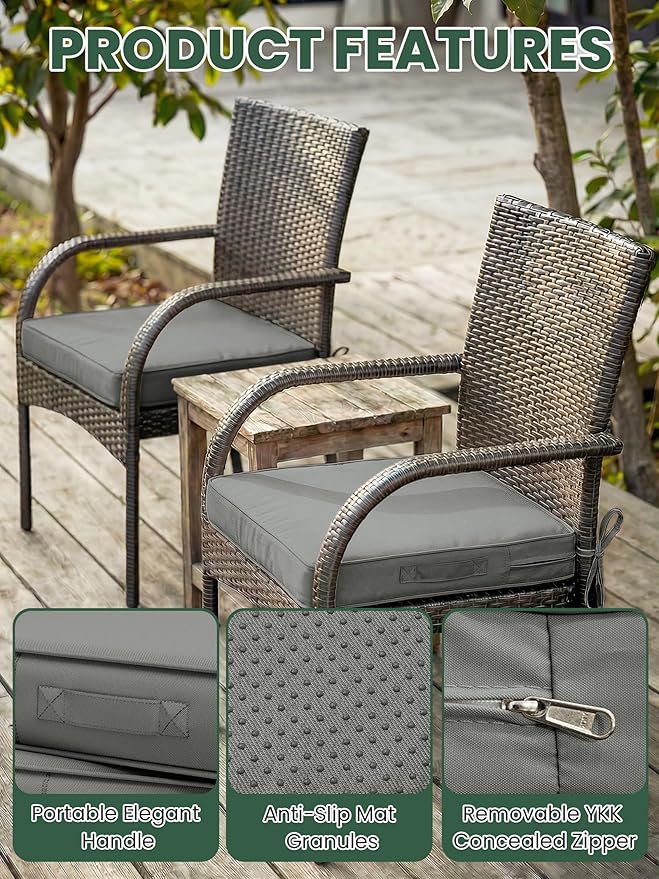 Outdoor Chair Cushion 17 x 16 x 3 Inches Patio Furniture Outdoor Waterproof Seat Cushion, Patio Chair Cushion with Handles and Ties, Square Dining Chair Cushion Set of 2, Light Grey