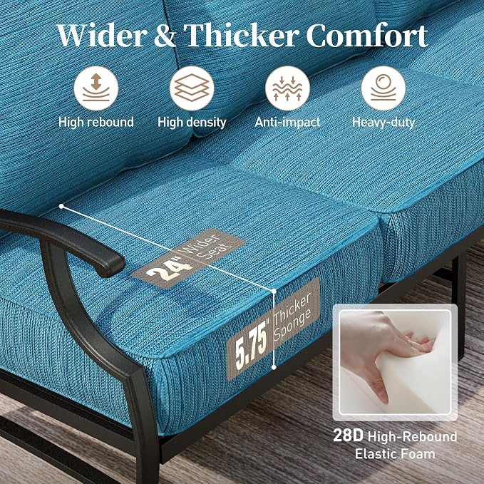 SUNSHINE VALLEY Metal Patio Furniture Sofa with 5.75" Extra Thick Waterproof Cushion, 3-Seater Deep Seating & High-Back Outdoor Couch All Weather Outdoor Seating for Backyard Deck Front Porch, Blue-2