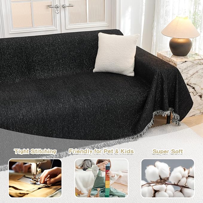 MYSKY HOME Black Chenille Sofa Slipcover Couch Covers for Sectional l Shaped Couch Pets Protector Furniture Covers Futon Cover Super Soft Washable Decorative Couch Covers for 3 Cushion, 91"x118"