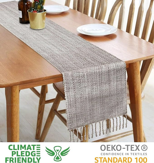 Urban Villa, 100% Cotton Two Tone Table Runner,14''x 72'' Over Sized Taupe/White Two Tone Table Runner with Fringes, Every Day Use Heavier Quality Christmas Runners