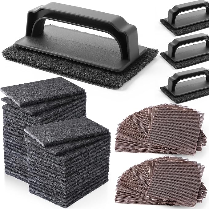 Reallnaive 155 Pcs Griddle Cleaning Kit for Flat Top Grill,Black | Screen Holder, Grill Screens Cleaning Pads, Heavy Duty Abrasive Mesh Pads for Cast Iron, Stainless Steel Griddle Cleaner