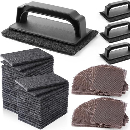 Reallnaive 155 Pcs Griddle Cleaning Kit for Flat Top Grill,Black | Screen Holder, Grill Screens Cleaning Pads, Heavy Duty Abrasive Mesh Pads for Cast Iron, Stainless Steel Griddle Cleaner
