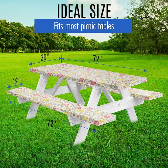 LINPRO Premium Picnic Table Cover with Bench Covers Vinyl Fitted Picnic Table Covers with Elastic RV Camping Accessories and Camper Must Haves Waterproof (Floral, 72 x 30 (6ft) with skewers