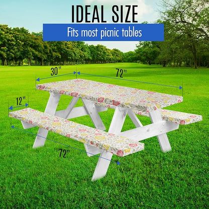 LINPRO Premium Picnic Table Cover with Bench Covers Vinyl Fitted Picnic Table Covers with Elastic RV Camping Accessories and Camper Must Haves Waterproof (Floral, 72 x 30 (6ft) with skewers