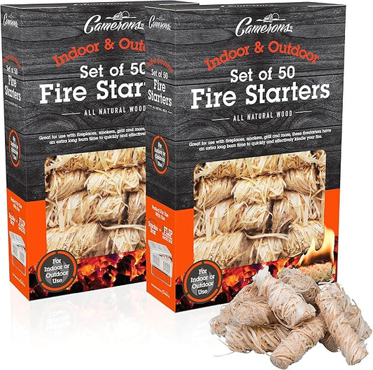Camerons All Natural Fire Starters (100 Pack) - Lightning Fast Hardwood Firelighters for Campfire, BBQ Charcoal Grill, Fire Pit & Indoor Fireplace - No Flare Up, Non-Toxic, Wood & Pellet Stove Starter