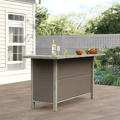 Domi Outdoor Kitchen Bar, Hand-Made Wicker Freestanding Island Home Bar Unit w/Storage Cabinets, Adjustable Shelves, Umbrella Hole, Premium Aluminum Frame, for Patio, Kitchen