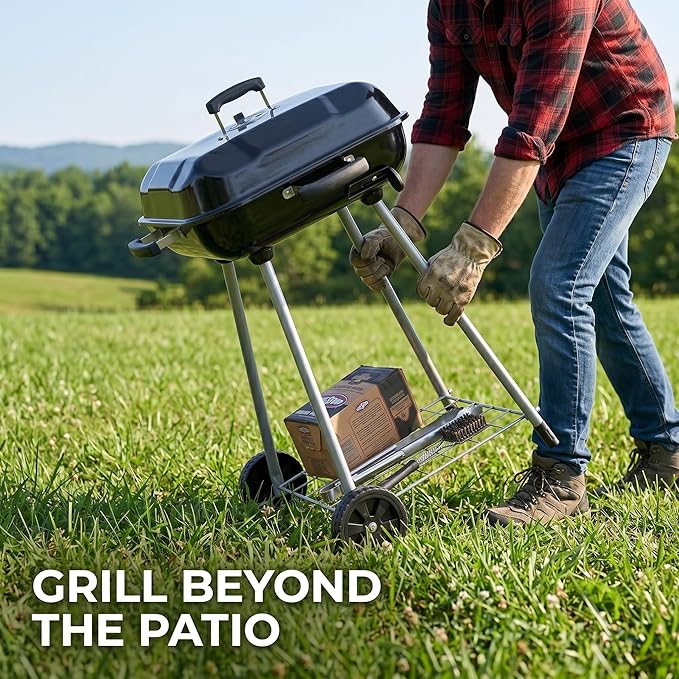 17.5-Inch Square Charcoal Grill with Wheels, 302 Sq In Cooking Surface Outdoor Barbecue BBQ, Porcelain-Coated Steel Freestanding Kettle Grill for Patio, Deck, and Backyard Gatherings, Black