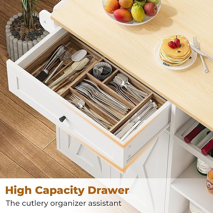 IRONCK Kitchen Island with Drop Leaf and Wine Rack, Rolling Kitchen Island on Wheels with Storage, Kitchen Island Cart with 3 Spice Rack, 3 Open Shelves, and Drawer, White