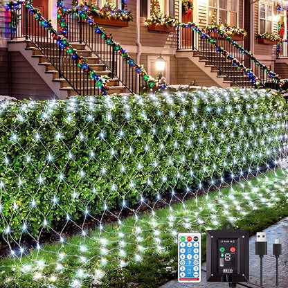 21x5FT Solar Christmas Net Lights Outdoor Waterproof with Remote | 360LED 8 Modes Solar & USB Powered Mesh Lights with Green Wire for Gazebo, Bush, Garden Shrubs, Lawn, Patio Decor, Cool White