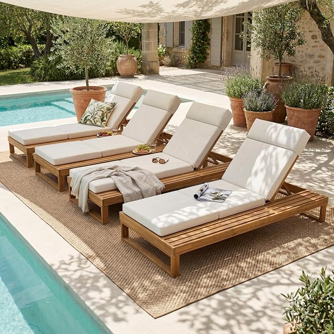 Merax 4-Piece Teak Finish Acacia Wood Chaise Lounge with 4-Inch Beige 4-Fold Cushion Set, Adjustable Outdoor Patio Lounger with Flat Side Surface, for Poolside
