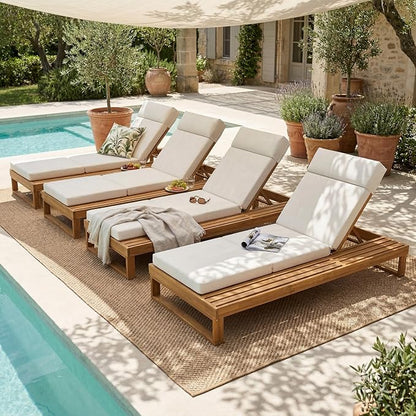 Merax 4-Piece Teak Finish Acacia Wood Chaise Lounge with 4-Inch Beige 4-Fold Cushion Set, Adjustable Outdoor Patio Lounger with Flat Side Surface, for Poolside