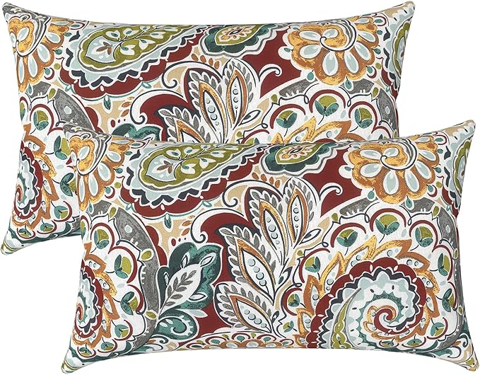LVTXIII Outdoor/Indoor Lumbar Pillow Covers ONLY, Decorative Patio Lumbar Cushion Covers,Water Repellent Garden Cushion Cases for Home Patio Sofa Use, 12x20 inch, Pack of 2, Paisley Chilli