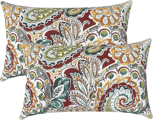 LVTXIII Outdoor/Indoor Lumbar Pillow Covers ONLY, Decorative Patio Lumbar Cushion Covers,Water Repellent Garden Cushion Cases for Home Patio Sofa Use, 12x20 inch, Pack of 2, Paisley Chilli