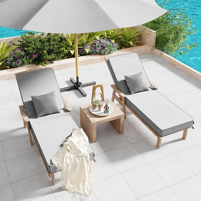 Outdoor Water-Resistant Olefin Chaise Lounge Cushions with Pillow, Weather and Fade Resistant Patio Furniture Lounge Chair Cushion Ideal for Patio, Lawn, Garden, Light Gray, 72"L x 21"W x 5"T