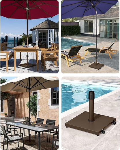 45lbs Patio Umbrella Base with Wheels - Heavy Duty Outdoor Patio Market Umbrella Stand for Deck with Rollers, Poolside, Balcony, Wind-Resistant Design, Brown
