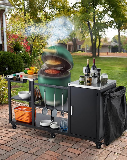 Grill Cart for Big Green Egg Style BBQ, Heavy Duty Metal Outdoor Grill Station Prep Table with Storage,BBQ Prep Table with Stainless Steel Top, Storage Cabinet, Outdoor Kitchen Island