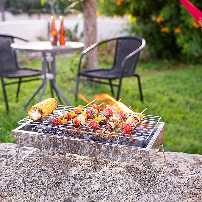 Moss & Stone 17" In Portable Tabletop Grill, Charcoal Barbecue Grill, Stainless Steel Portable Folding Tabletop Charcoal Grill For Shish Kabob Burgers & Meat Steak.