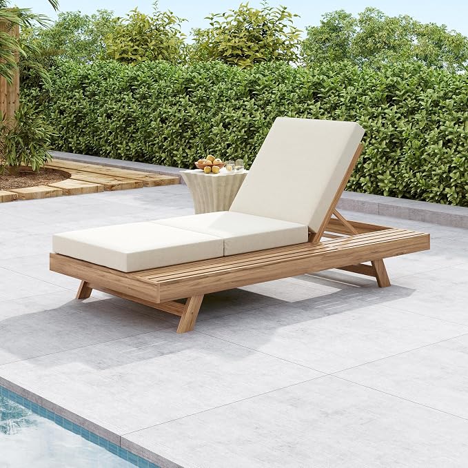 Christopher Knight Home Dami Patio Chaise Lounge Chair Outdoor with Foldable Cushion, Acacia Wood Poolside Sun Lounger, Space Available On One Side, Adjustable Backrest Pool Lounger, Light Brown+Cream