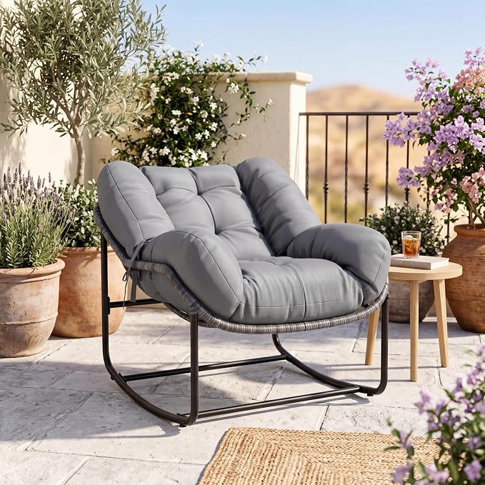 Patio Rocking Chair Set,Indoor Outdoor Rocking Chair,Papasan Chairs with Cushion,Wicker Egg Rockers, Lounge Chair for Patio, Living Room, Bedroom, or Porch,Gray