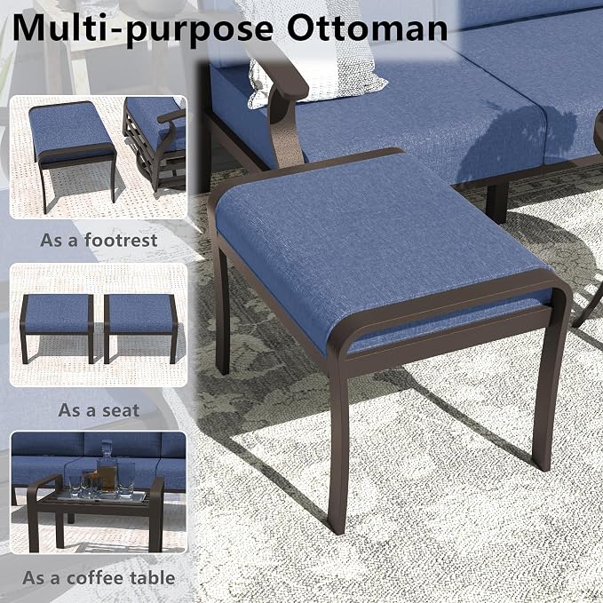ALAULM Aluminum Patio Furniture Set with 2 Swivel Chairs 9-seat Metal Outdoor Furniture Patio Sectional Sofas Patio Conversation Set w/2 Ottomans for Patio, Backyard, Poolside-Dark Blue