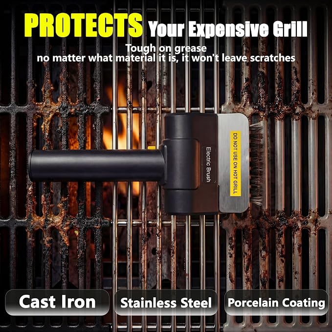 Electric BBQ Grill Brush, Cordless Grill Cleaner, Black | Anti-Lock Motor; 2000mAh Battery; Dishwasher Safe Head; Cleans Grill Grates and Hard-to-Reach Corners