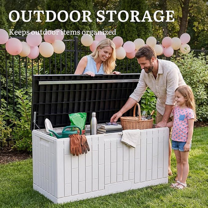 YITAHOME 120 Gallon Outdoor Storage Deck Box, Large Resin Patio Storage with Slide-Locking Black Lid, 2-Person Bench Seat for Outdoor Pillows, Garden Tools & Pool-Supplies, Waterproof, Grayish-White