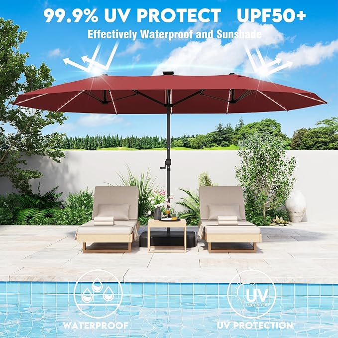 GDPFN 15ft Large Patio Umbrella with Solar Lights, Outdoor Double-Side Rectangular Umbrella with Base Included, Backyard Pool Umbrella with LED Light for Deck, Outside, Market, Burgundy