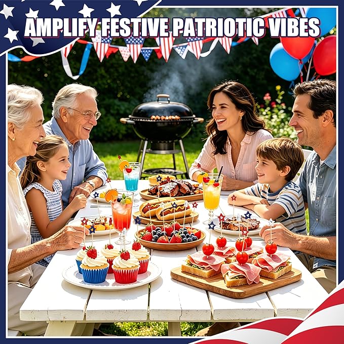 4th of July Cocktail Picks, Red White Blue Star Toothpicks for Appetizers Food Drinks, 4.7 IN Bamboo Fruit Skewers Charcuterie Sticks, Independence Memorial Day Patriotic Party Decorations Supplies