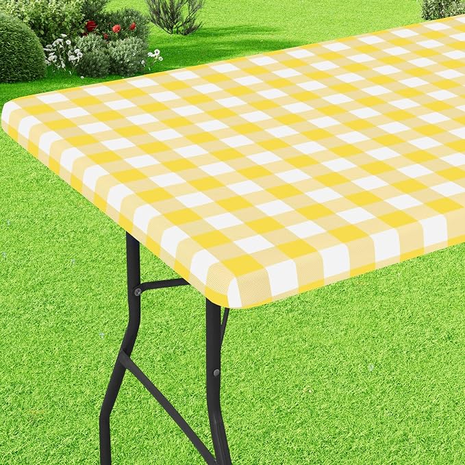 Buffalo Rectangle Picnic Tablecloth, 6 Foot Elastic Fitted Vinyl Table Cloth with Flannel Backing, Waterproof Plaid Table Covers for Dining, Camping, Outdoor (Yellow and White, 30" x 72")