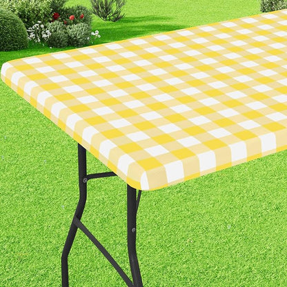 Buffalo Rectangle Picnic Tablecloth, 6 Foot Elastic Fitted Vinyl Table Cloth with Flannel Backing, Waterproof Plaid Table Covers for Dining, Camping, Outdoor (Yellow and White, 30" x 72")