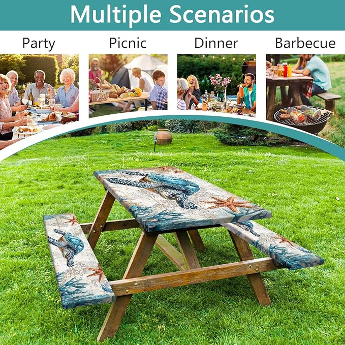 Picnic Table Cover with Bench Covers 6FT Camping Essentials Beach Sea Turtle Ocean Fitted Camping Tablecloth Windproof Waterproof Oilproof with Elastic Edge for Indoor Outdoor 3PCS 30x60 Inch