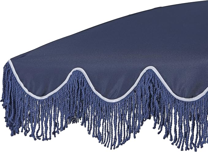 JONATHAN Y Mariner 6.5 ft. Solid Fringe Beach Umbrella, Navy/Blue | Push-Button Tilt, UV 50 Protection, Matching Carry Bag, White Iron Pole, Wind Vent, Scalloped Round Canopy