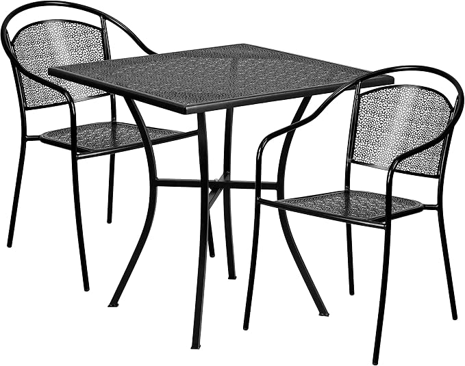 Flash Furniture 28" Square Patio Table Set with 2 Round Back Chairs, Black | Commercial Grade, Indoor/Outdoor, Steel Frame, Resists UV Fading