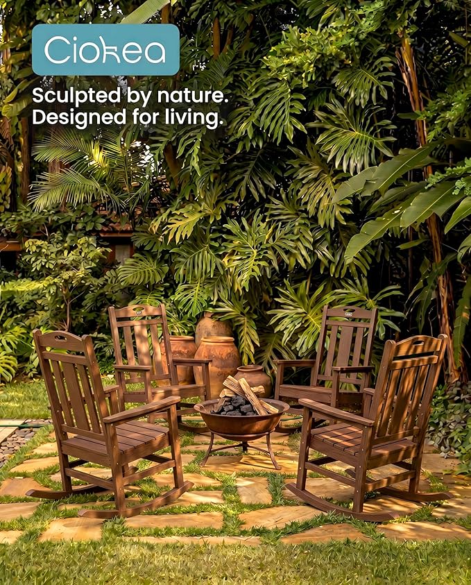 Ciokea Oversized Outdoor Rocking Chair, 380lbs Heavy-Duty Large Patio Rocker, Weather Resistant & Anti-Fade Porch Chair, High Back Cozy Rocking Chair for Outside, Fire Pit, Deck, Garden, Brown