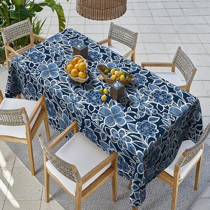Outdoor Rectangle Tablecloth, 60×84 Inch Water Repellent Picnic Table Cover with Umbrella Hole Zipper for Patio Family Meal, Flower Navy