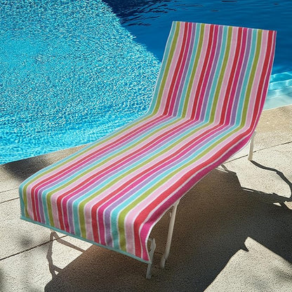 COTTON CRAFT Pool Lounge Chair Cover - 2 Pack Dobby Terry Stripe Chaise Lounge Cover - Soft 100% Cotton Towel Beach Chair Cover - Oversized 32 in W x 82 in Length x 7 in Pocket – Pink Multi