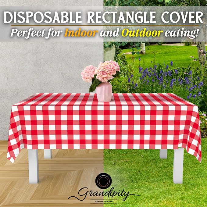 Grandipity 12 Pack Premium Disposable Plastic Picnic Tablecloth 54 Inch. x 108 Inch. Decorative Rectangle Table Cover - Red Checkered Gingham