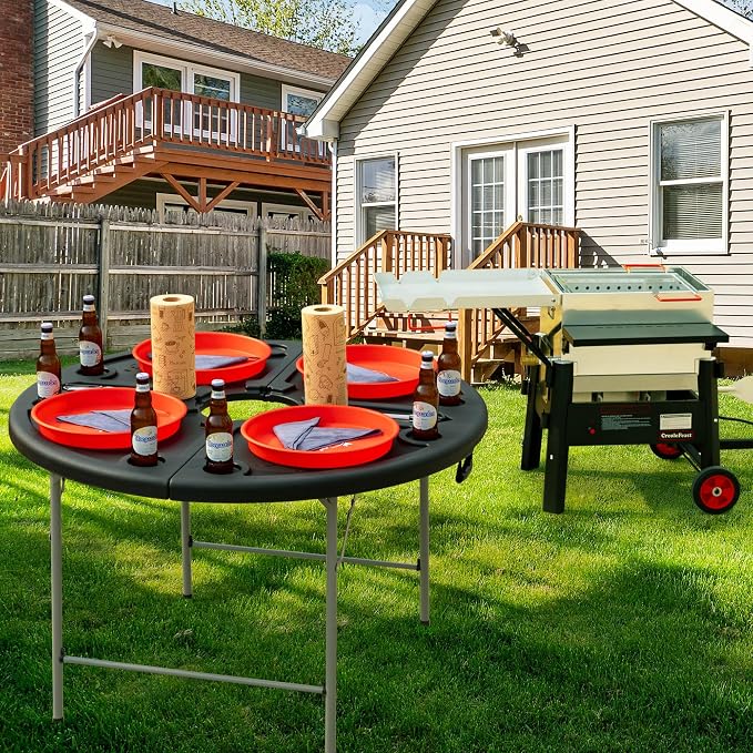 Creole Feast FT4804 Foldable Round Crawfish Table, Black | Foldable design for easy storage and transport | Round shape accommodates large groups | Sturdy construction for outdoor use