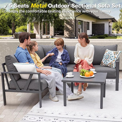 Patio Furniture Set, 6 Pieces Outdoor Couch Sectional, L Shaped Patio Sofa, Metal Patio Couch Sectional with Side Table, Outdoor Seating Conversation Set, Grey