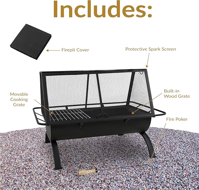 Sunnydaze 36-Inch Northland Steel Outdoor Fire Pit with Grill - Outdoor Fireplace with Cooking Grate, Spark Screen, Cover, and Poker