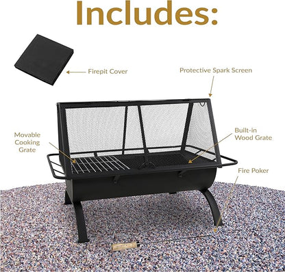 Sunnydaze 36-Inch Northland Steel Outdoor Fire Pit with Grill - Outdoor Fireplace with Cooking Grate, Spark Screen, Cover, and Poker