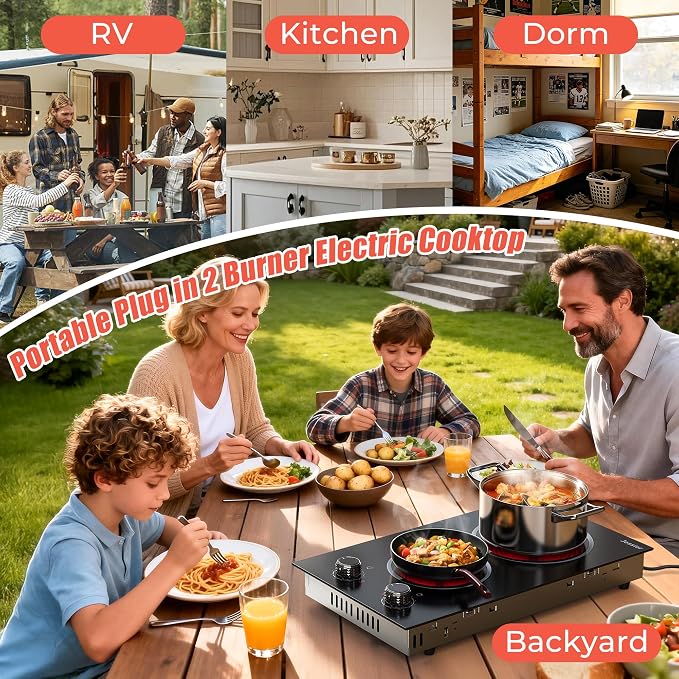 2 Burner Electric Cooktop 110V 2000W Countertop or Built-in | 12 Inch Plug in Two Burner Electric Stove 120V Portable, Knob Control, 9 Power Levels and Overheat Protection, Silver Knob