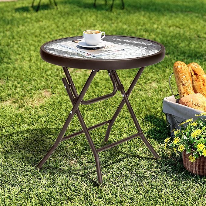Foldable Side Table with Tempered Glass Top, Brown | 18" Small Patio Side Tables Outdoor for Porch Yard Balcony Deck Lawn Garden